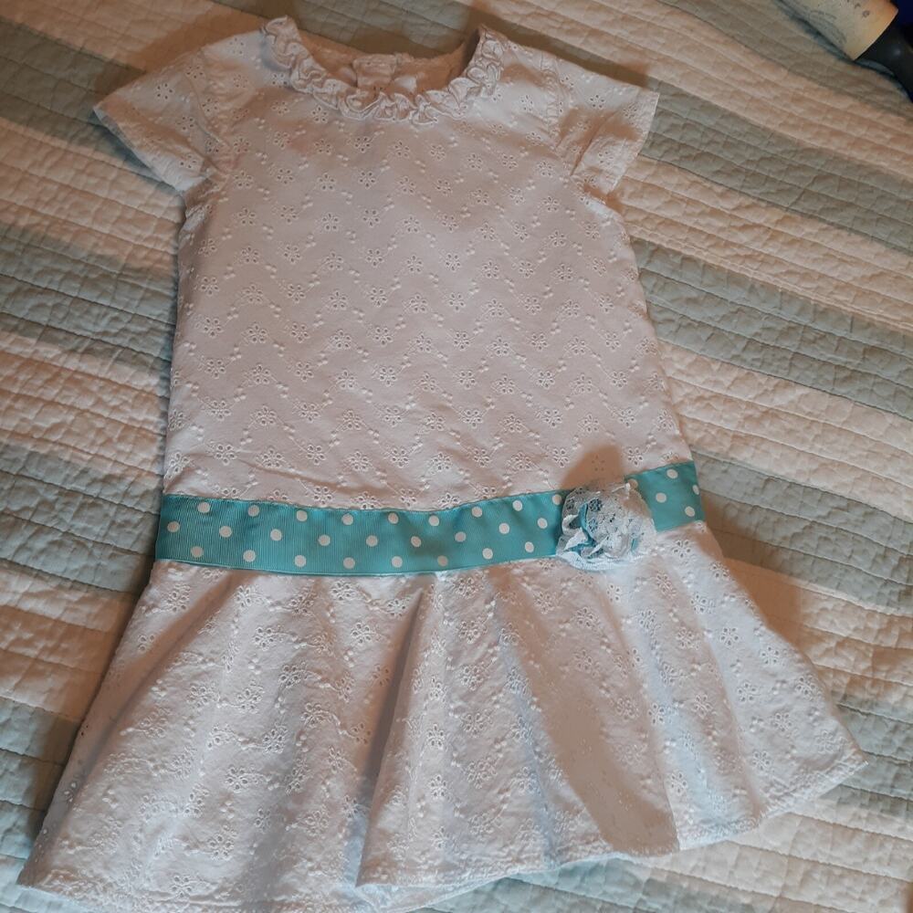 Good Lad Dress Girls Size 6 White Eyelet Dress Aqua Ribbon Flower Drop Waist
